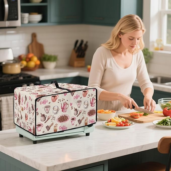 Toaster Oven Dust Cover Dustproof Stylish Convection Microwave Ovens Cover Stain-resistant Small Countertop Appliance Protector, S, Coffee Mocha Pot Beige Pink