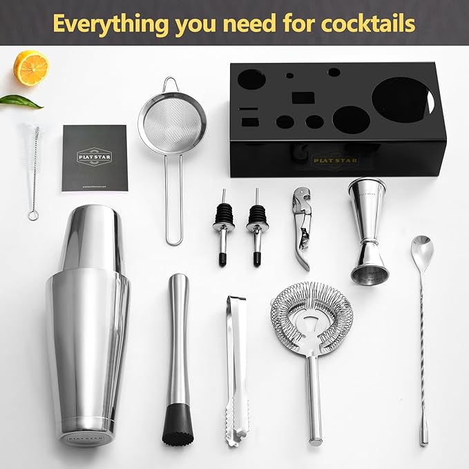 Mixology Bartender Kit with Stand, Home Bar Set Cocktail Shakers Bartending Kit, Bar Tools Boston Shaker Set, Professional Drink Mixing Martini Making Barware with Recipe Book