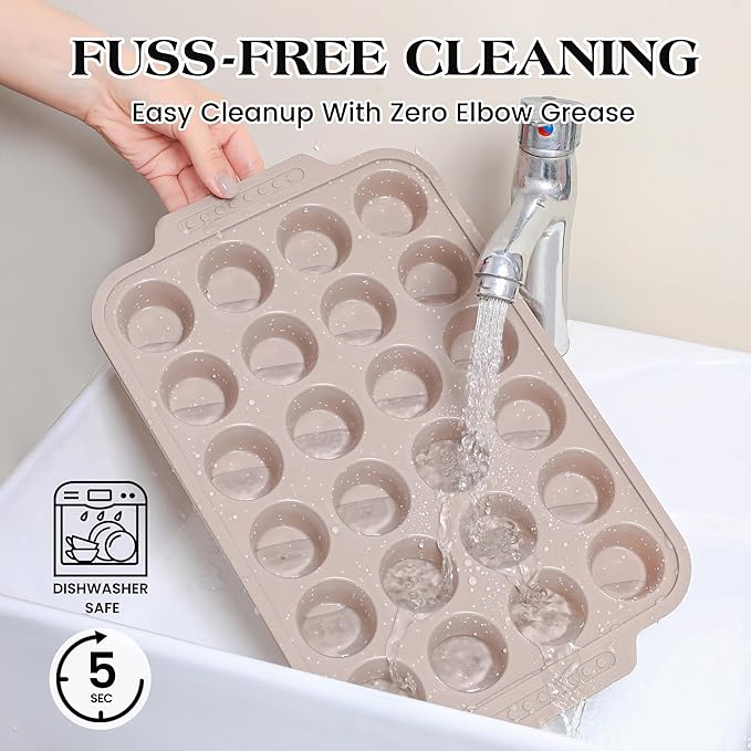 2 Pcs Silicone Muffin Pans for Baking with Metal Reinforced Frame, Nonstick Cupcake Tray for Oven, 24 Cups Mini Size Silicone Molds for Egg Bites, Dishwasher Safe (Brown, Cream)
