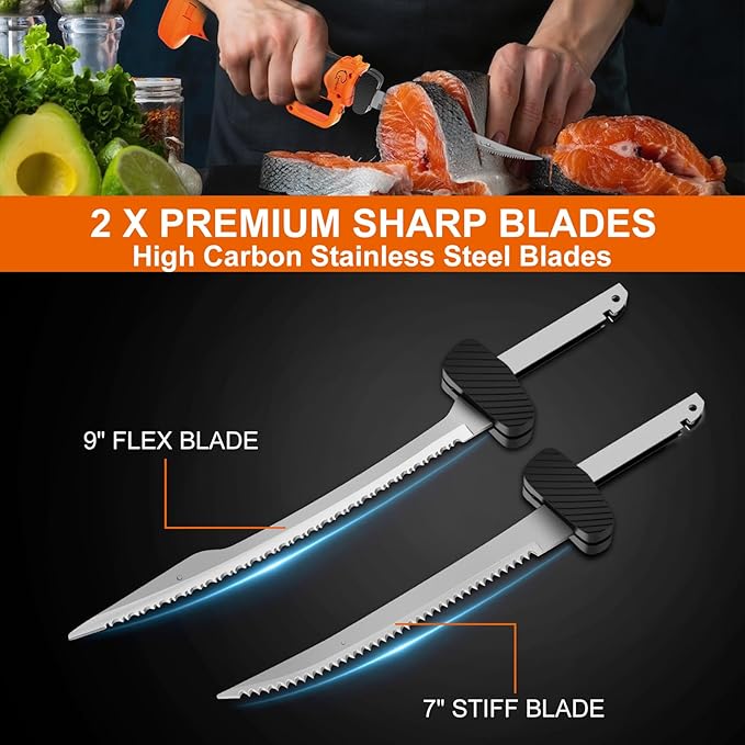 Cordless Electric Fillet Knife with 7'' and 9'' Stainless Steel Non-Stick Blades, Rechargeable Electric Knife for Fish with Non-Slip Grip Handle, 2 Batteries and Portable Case For Outdoor Fishing
