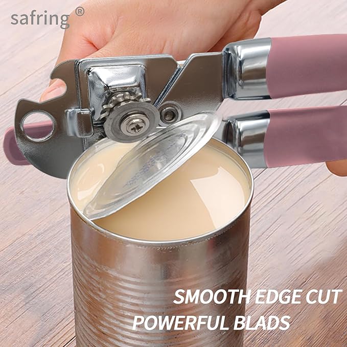 Can Opener Manual, Handheld Strong Heavy Duty Stainless Steel Can Opener, Comfortable Handle, Sharp Blade Smooth Edge, Can Openers with Multifunctional Bottle Opener, Pink