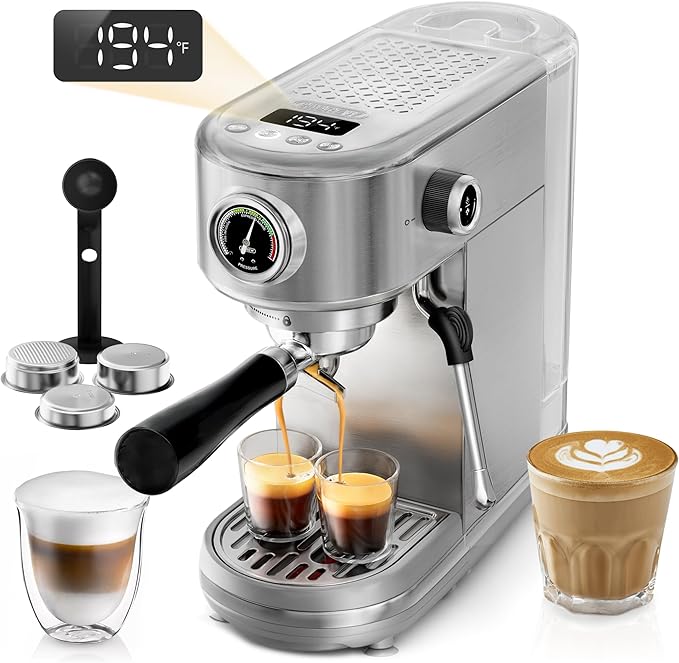 HIBREW H10B - Professional Espresso Machine - Cappuccino Maker with Milk Frother, Adjustable Temperature & Cup Volume, with Display, Pressure Gauge & Stainless Steel Body