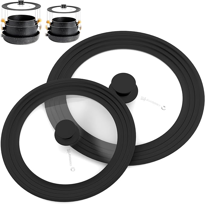 LSR Loreso Universal Pan Lid for Pots Pans and Skillets 7.5-11.5 Inch - Tempered Glass Pot Lid Set with Auto-Sizing Silicone Rim, 2 Pack Black