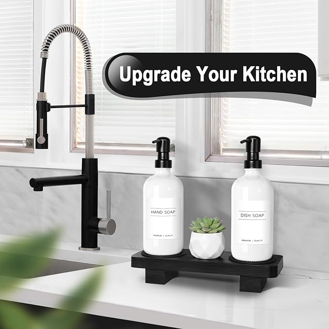KASUNTING Hand Soap Dispenser for Kitchen, White Soap Dispensers with Stainless Steel Pump, Bathroom Soap Dispenser Set with Wood Riser Tray, Kitchen Dish Soap Dispensers Bathroom Decor(White)
