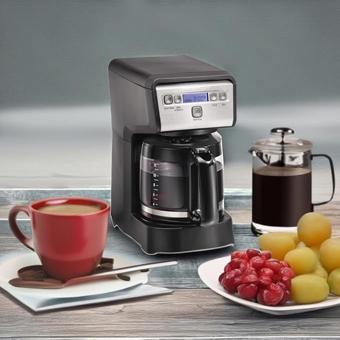 Hamiton Beach 12 Cup Compact Programmable Drip Coffee Maker with No-Drip Burosilicate Glass Carafe, 2-Hour Auto Shutoff, Space-Saving Design, Black with Stainless Steel Accents (46200)