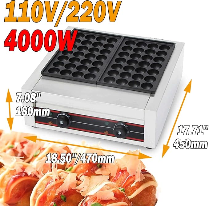 Takoyaki Maker Commercial Ebelskiver Pan 56 Holes Electric Grill Machine for Aebleskiver, Cake Pops, Pancake Balls, Donut Holes, 4000W, 110V