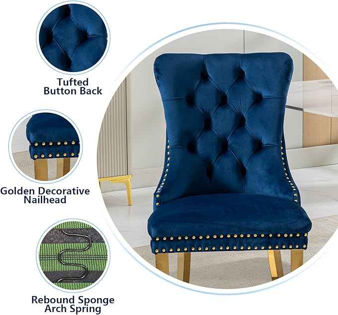 Blue Velvet Dining Chairs Set of 2, Kitchen Chairs Set of 2, Tufted Upholstered Dining Room Chair, Back Ring Pull Trim, Golden Stainless Steel Legs, Blue