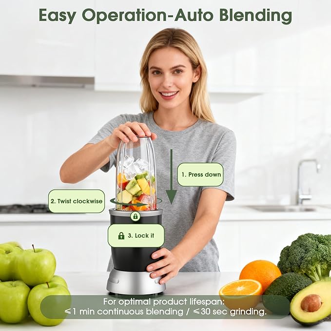 Smoothie Blender, 25000 RPM Portable Blender for Smoothies, Countertop Blenders for Kitchen with 37oz, 32oz, 23oz Personal Blenders Cups, 2 Spout Lids &1 Resealable Lid for Crushing, Juice, Nuts