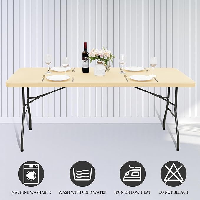 6 Pack Stretch Fabric Table Top Cap Cover, fits 8' Tables, Spandex Table Covers Washable Elastic Rectangle Tablecloth Protector for Indoor Outdoor Party Picnic Wedding, Beige, 30" W x 96" L