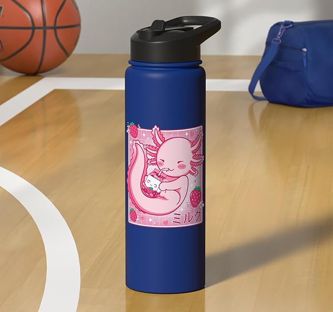 Kawaii Axolotl Strawberry Milk Shake Carton Japanese Anime Stainless Steel Insulated Water Bottle