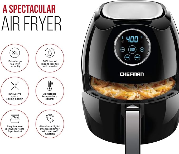 CHEFMAN Large Air Fryer 6.5 Qt XL, Healthy Cooking, User Friendly, Nonstick, Digital Touch Screen with 4 Cooking Functions w/ 60 Minute Timer & Auto Shut Off, BPA-Free, Dishwasher Safe Basket, Black