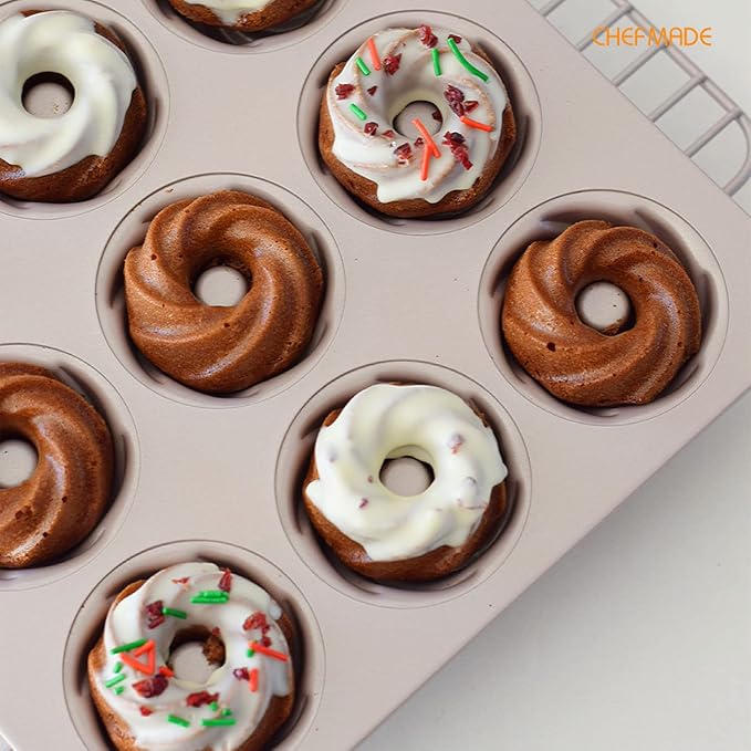 CHEFMADE Tube Cake Pan, 12-Cavity Non-Stick Cyclone Doughnut Bakeware for Oven Baking (Champagne Gold)