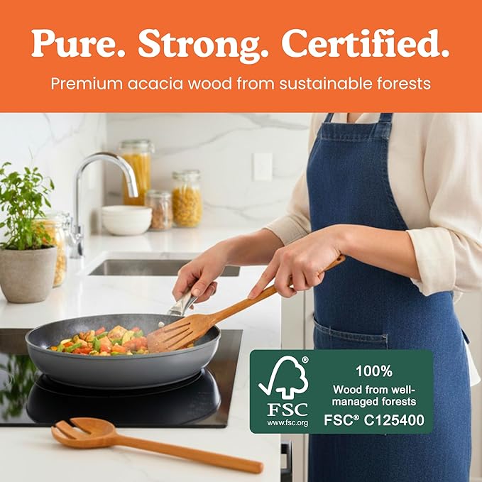 Non-Toxic Wooden Spoons for Cooking– 7-Piece Kitchen Utensils Set, Glue-Free & One-Piece Cooking Utensils, Natural Wooden Utensil Set with Plant-Based Finish, Free of Forever Chemicals