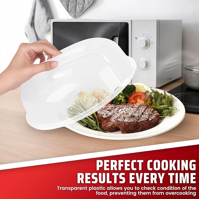 Flexzion 10.5 Inch Microwave Splatter Cover - BPA-Free Anti-Splatter Microwave Cover with Adjustable Steam Vent, Dishwasher Safe, Transparent Plastic Food Covers for Microwave Cooking