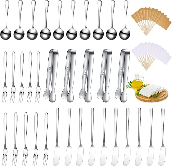 35 Pcs Cheese Butter Spreader Knives Set Charcuterie Accessories Stainless Steel Spreader Knives Charcuterie Boards Utensils Mini Serving Tongs Spoons and Forks for Pastry Making