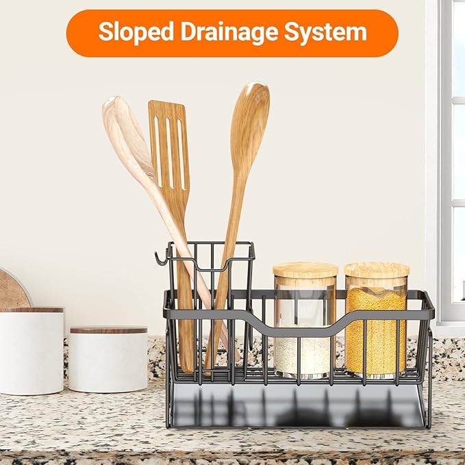 StorageRight Kitchen Sink Caddy Organizer, Rustproof Sponge Holder for Kitchen Sink, Instant Dry High Brush Holders with Drain Tray, Anti-Slip Storage Organization Essentials, Black