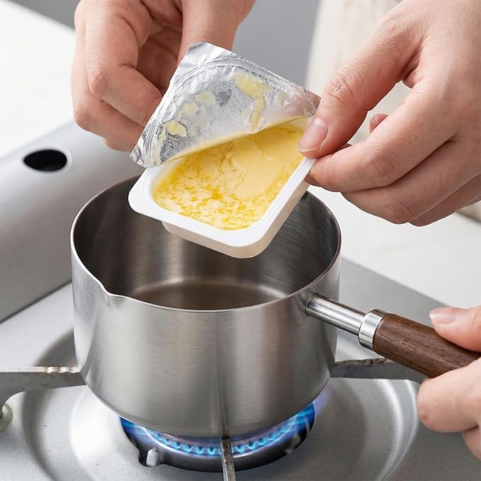 Mini Butter Warmer Stainless Steel Mini Pot 8.5 oz (250 ml) Minis Sauce Pan Cooking Pot Coffee Milk Warmer with Dual Spouts and Wooden Handle for Chocolate Butter Melting