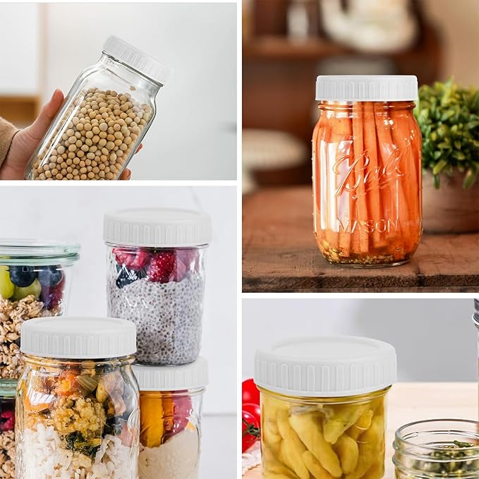 Vaincre White Mason Jar Lids - 8PCS Plastic Mason Lids Regular Mouth, Leak Proof Canning Covers with Silicone Rings for Ball, Kerr and More, Reusable Can Tops Caps Covers for Jars Accessories
