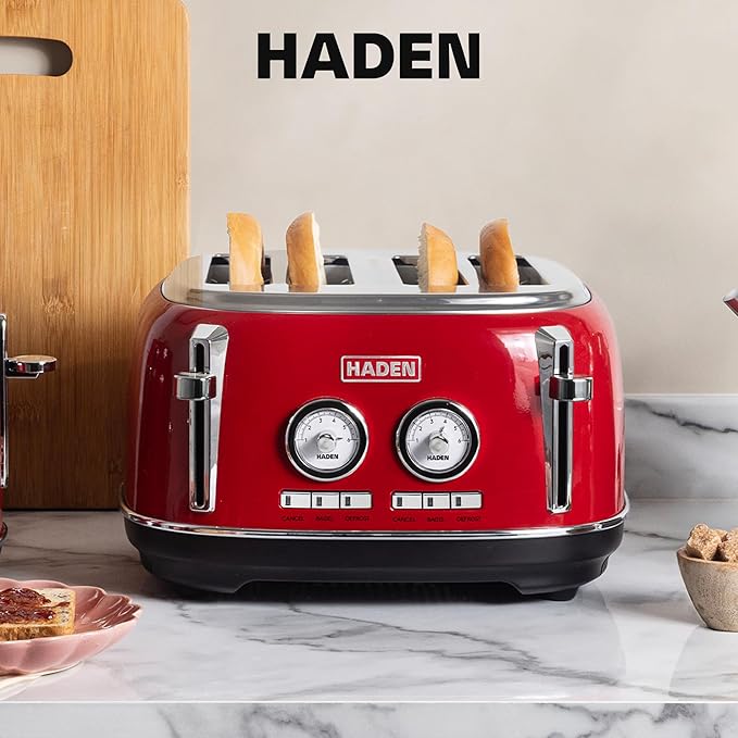 Haden Dorset 4 Slice Wide Slot Stainless Steel Toaster with Adjustable Browning Control & Non-Slip Feet, Rectory Red