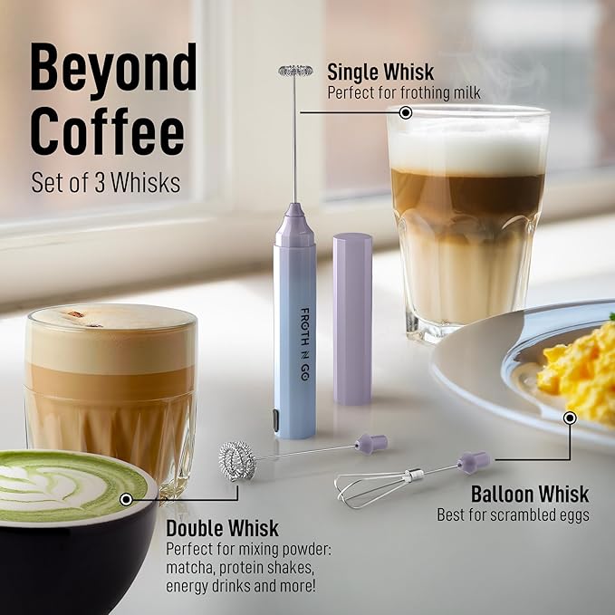 Zulay Froth N Go Milk Frother – Rechargeable 3-in-1 Handheld Frother Wand with Travel Case & USB-C Charger – Single, Double & Egg Whisk for Latte, Cappuccino, Matcha, Protein Shakes – Cloud