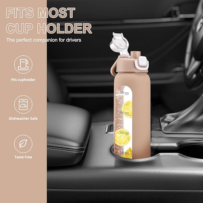 chunmo 32 oz Glass Water Bottles with 2 Lids-Handle Spout Lid & Straw Lid, 1 Liter Motivational Borosilicate Water Bottle with Time Marker and Silicone Sleeve,Leakproof-Amber-1 Pack