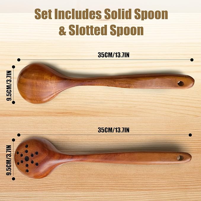 Large Wooden Spoons for Cooking, 2-Piece Premium Teak Wooden Utensils for Cooking, Heavy-Duty & Heat Resistant, 13.7"L x 3.7"W