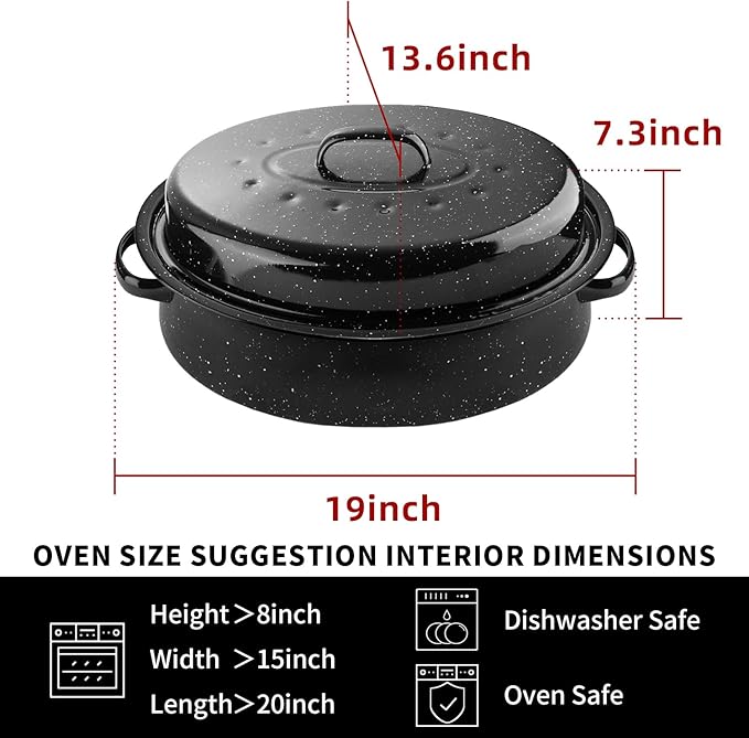 19Inch Roasting Pan, Enamel on Steel, Black Covered Oval Roaster Pan with Lid, Medium Cookware for Turkey, Small Chicken, Roast Baking Pan.