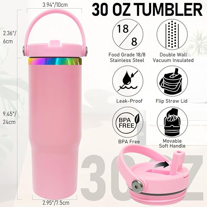 30 oz Tumbler Bulk with Handle and Straw, Vacuum Insulated Tumblers with Flip Straw and Top Handle, Leakproof Powder Coated Tumbler, Stainless Steel Travel Mug for Coffee Water (Pink, 8 Pack)