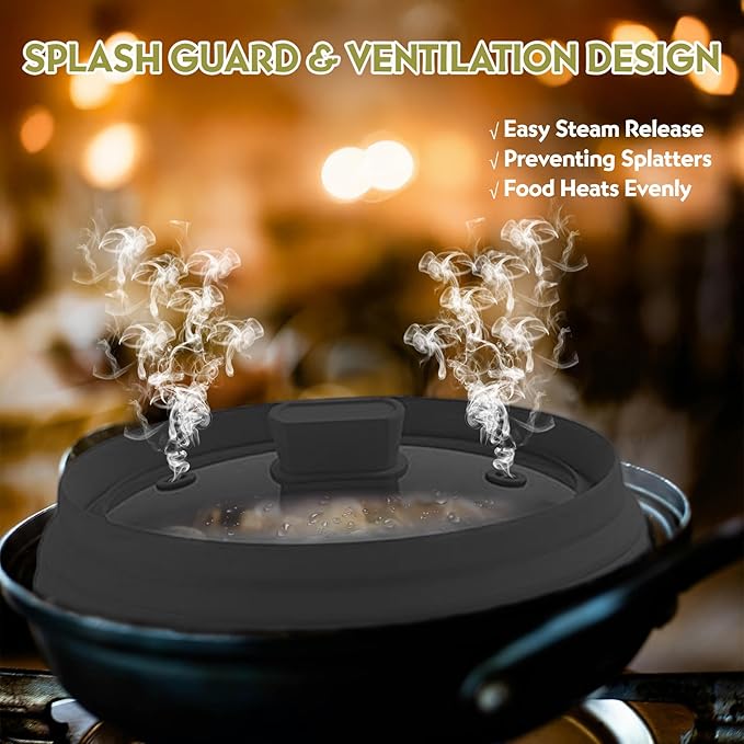 Collapsible Microwave Splatter Cover, Glass Silicone Foldable Microwave Lid for Food, 10.8 Inch Grease Splatter Guard for Pots, Pans & Bowls, Black