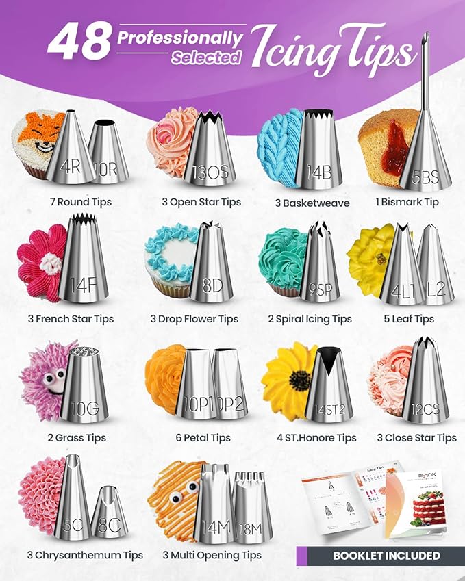 RFAQK 74 PCs Icing Piping Bags and Tips Set, Cake Decorating Kit with 48-Numbered Piping Tips, 20+1 Pastry Bags for Cookie Cupcake Cake Decoration, with Booklet and E-book (Purple)