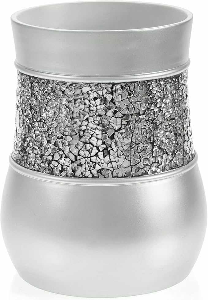 Creative Scents Crackled Glass Silver Bathroom Accessories Set Complete - 6 Piece Bathroom Accessory Set Includes: Trash Can, Tissue Box Cover, Soap Dispenser, Toothbrush Holder, Soap Dish & Tumbler