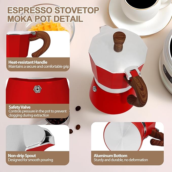 Aluminum 6 Cup 300ml Moka Pot Express Coffee Maker Stovetop Espresso Colorful Coffeemaker Italian Classic Style Brewing Greca Cafe Mocha Machine for Cafeteras Lover Camping Travel and Home Use 10oz