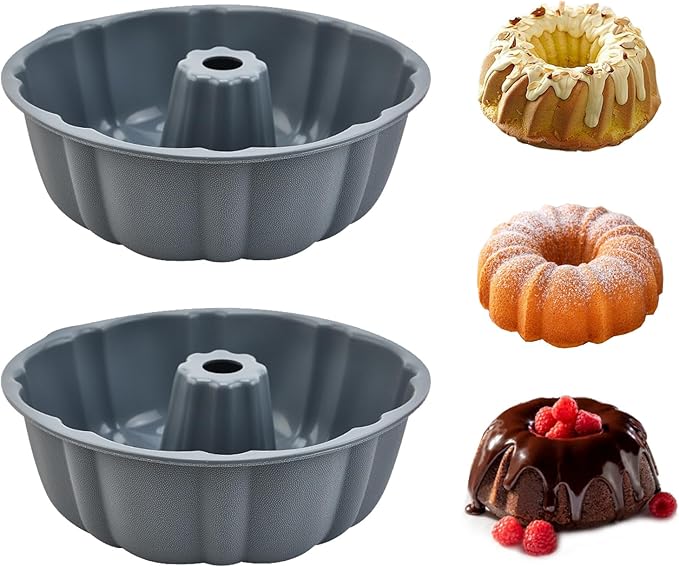 PADELE 2 Pack Silicone Cake Pan Nonstick,10 Inch, Silicone Cake Molds,Pound Cake Pan, Baking for Jello,Gelatin,Cake,Brownie and Bread (Grey+Grey)