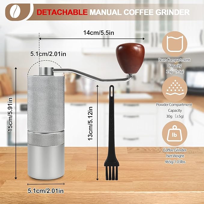 Detachable Manual Coffee Grinder with 25 Level Stainless Steel Conical Burr Portable Aluminum Coffee Bean Grinder Grinder Gift Set Suitable for Moka Pot Espresso Pour Over Easy Cleaning with Brush
