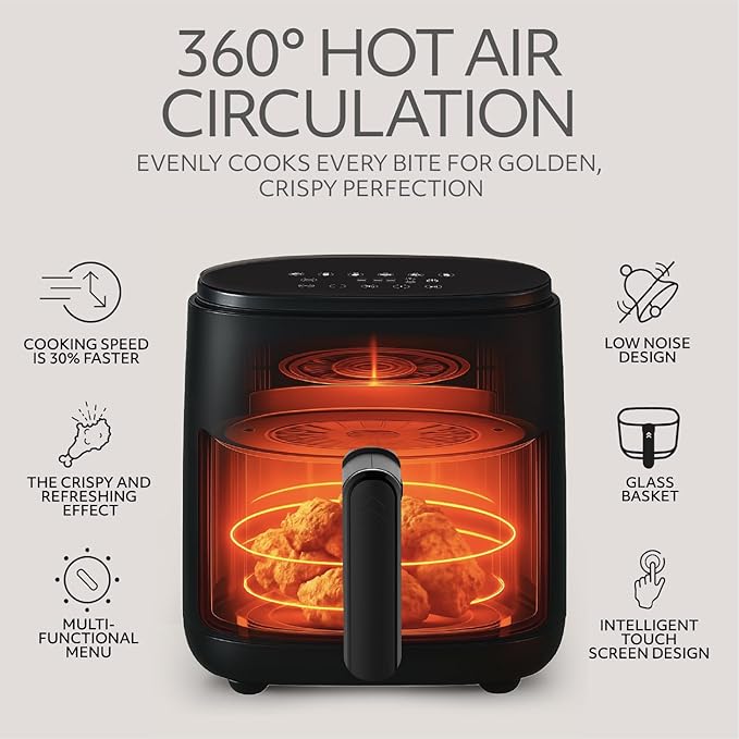 WILLOW Eco Series 6 in 1 Air Fryer with Glass Basket, 5 Quart Non Toxic Glass Air Fryer w Digital Display, 430°F Max Temp, Preheat & Keep Warm Function, Compact + Dishwasher Safe Airfryer -BLACK