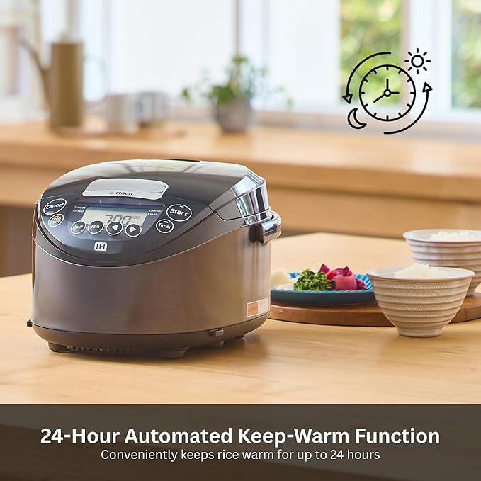 Tiger JPW-H10U Induction Heating Rice Cooker and Warmer with 14 Menu Presets and LCD Display (5.5-Cup, Mauve Black)