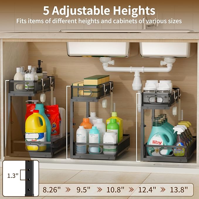 Under Sink Organizer 1 Pack, 2-Tier Slide Out Cabinet Organizer with Metal Sliding Drawer and Hooks, Pull Out Storage Baskets for Kitchen Bathroom Pantry Cabinet Organization (Black (1 pack))