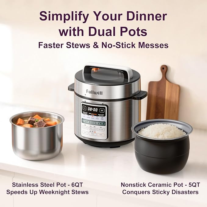 Fullwill Dual-Pot Electric Pressure Cooker 6+5QT, 12-in-1 Multi-Cooker for Pressure Cooking, Soup, Yogurt, Stew, Rice，Suitable for family meals and gatherings