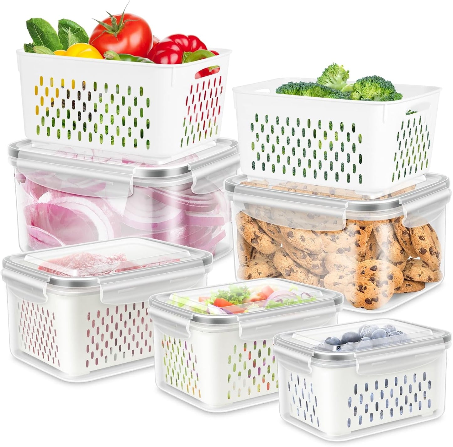 5 Pack Fruit Storage Containers for Fridge, Produce Saver Vegetable Container with Drain Colanders - Refrigerator Organizer for Lettuce Keepers Berry Container