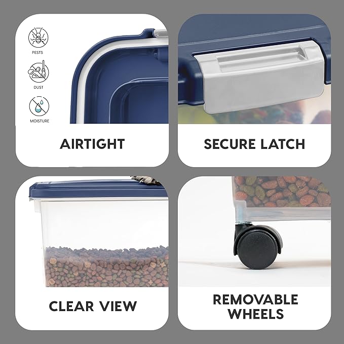 IRIS USA 30 Lbs / 33 Qt WeatherPro Airtight Pet Food Storage Container with Attachable Casters, For Dog Cat Bird and Other Pet Food Storage Bin, Keep Fresh, Translucent Body, Easy Mobility, Navy