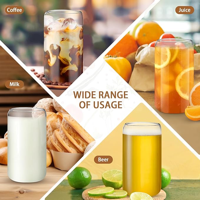 PeacePeo 16 OZ Glass Cups with Lids and Straws, 20 Set Can Beer Glass Cups with Bamboo Lids Cute and Reusable Drinking Glasses with Lid Ice Coffee Glasses Great for Beer, Cocktail, Tea and Latte
