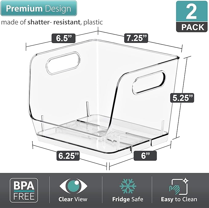 Sorbus Stackable Storage Bins Open Front, Clear Stackable Storage Bins, Pantry Bins for Storage and Organization, Acrylic Stackable Bins for Kitchen, Clear Pantry Organizer Bins (Small Square 2 Pack)