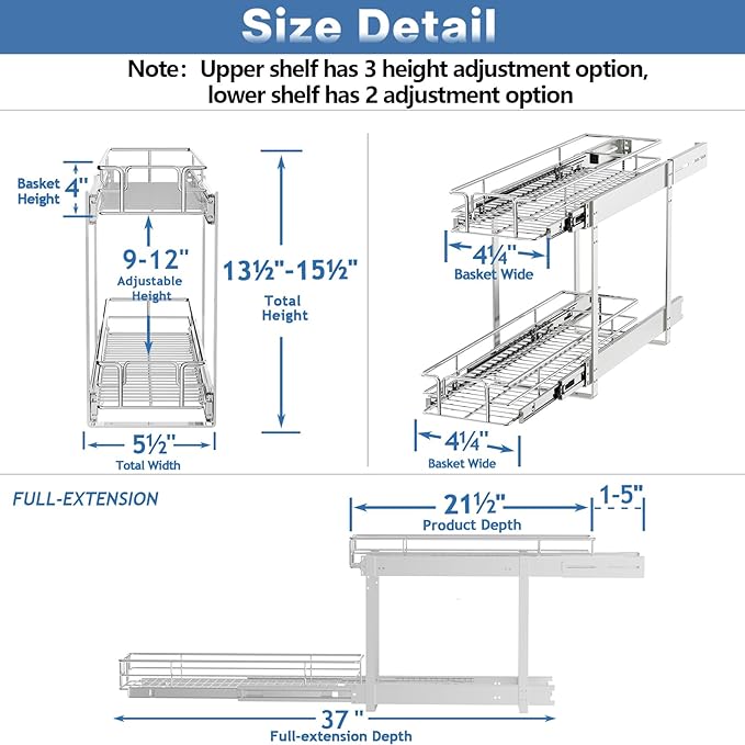LOVMOR 2 Tier 5½" W x 21½" D, Individual Pull Organizer Kitchen Cabinet Storage Sliding Shelves