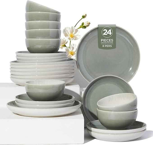 Plates and Bowls Sets for 8, 24 Piece Dinnerware Set for Large Families & Entertaining, Elegant Design, Dishwasher & Microwave Safe, Chip Resistant and Durable, Gray Green