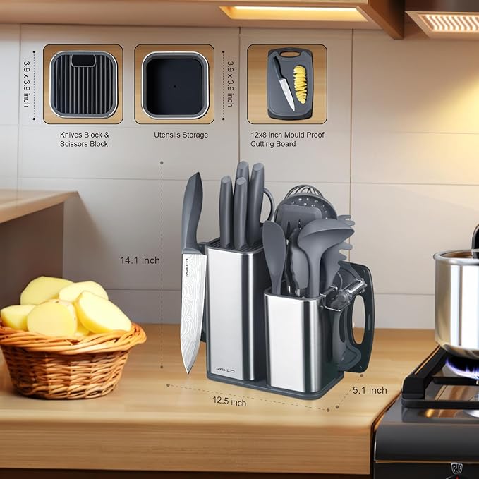 RAXCO Kitchen Set,7-Piece Cooking Utensils,5-Piece Kitchen Gadgets,6-Piece Knife set,Gray