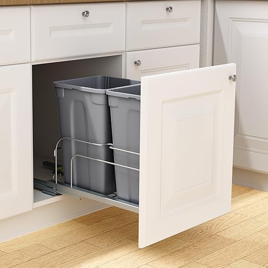 VEVOR Pull-Out Trash Can, 27 QT x2 Double Under Mount Kitchen Waste Container, Heavy Duty Garbage Recycling Bin with Door Kit and Soft Close Slide, for Kitchen Cabinet, Sink, Under Counter (Grey)