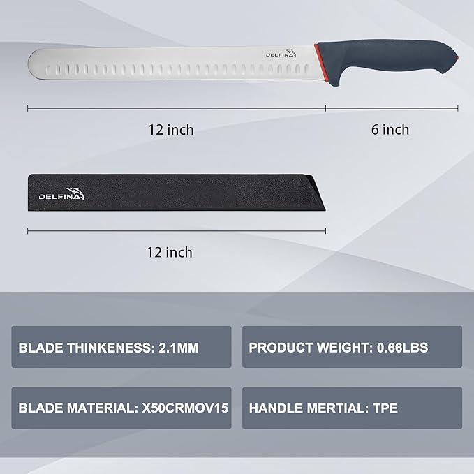 DELFINA 12 Inch Brisket Slicing Knife W/Sheath & SoftGrip Handle, Sharp Premium Carving Slicing Knife For Meat Cutting, Great for Slicing Roasts, Meats, Fruits and Vegetables