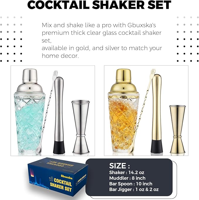 Gold Cocktail Shaker Set - Premium Glass Bartender Kit with Measuring Jigger, Mixing Spoon, and Muddler