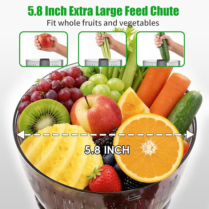 Juicer Machines, Cold Press Juicer with 5.8" Wide Feed Chute, 300W Slow Masticating Juicer for Whole Fruits & Vegetables, High Juice Yield, Easy to Clean, BPA Free Juice Extractor Machine