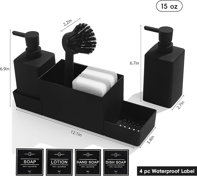 Kitchen Soap Dispenser with Sponge Holder Set for Sink Caddy, Hand Soap and Dish Soap Dispenser with Brush (Black)